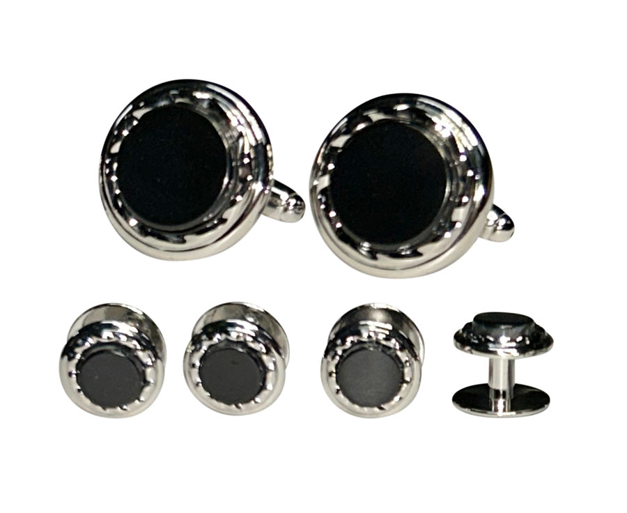 round onyx Cufflinks and matching studs in silver setting on a white background