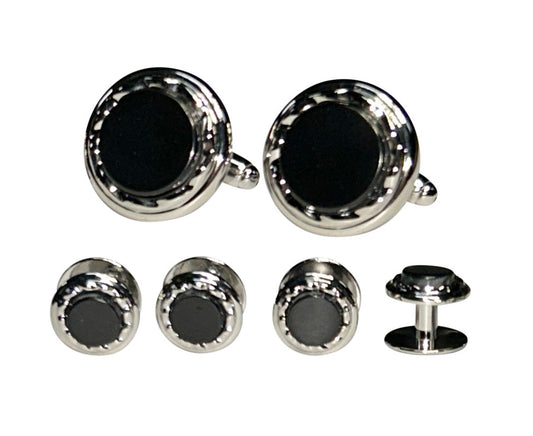round onyx Cufflinks and matching studs in silver setting on a white background