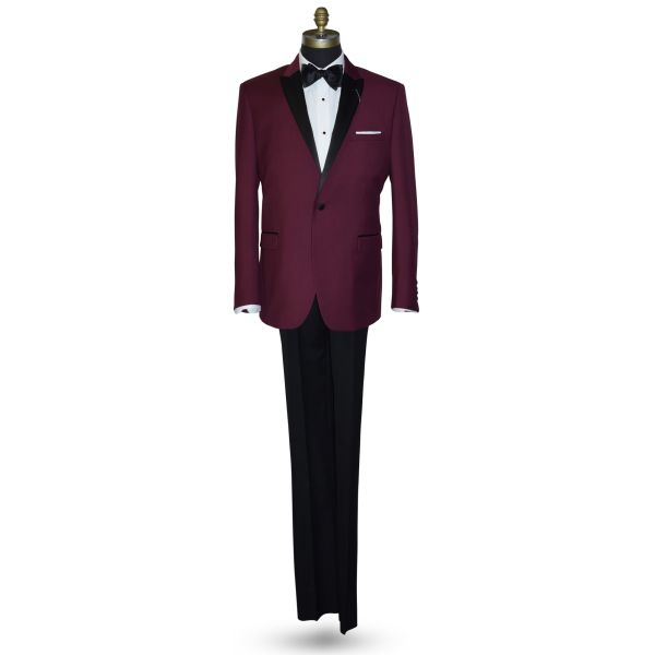 BURGUNDY TUXEDO WITH BLACK PANTS ENSEMBLE