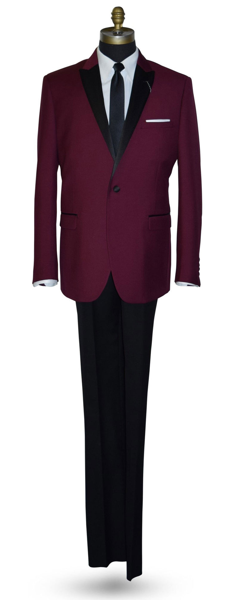 Burgundy tuxedo with black lapels on a mannequin wearing a black skinny satin dress-tie against a white background