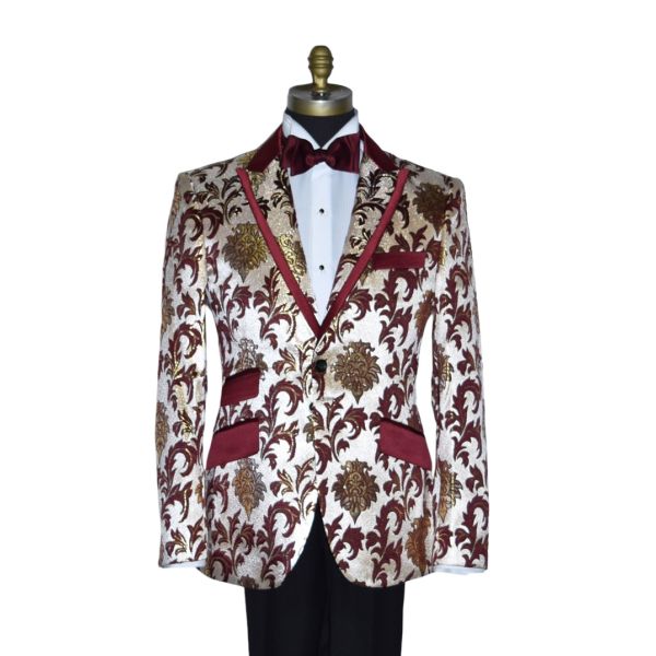 Champagne Tuxedo with Burgundy and Gold Brocade Ensemble