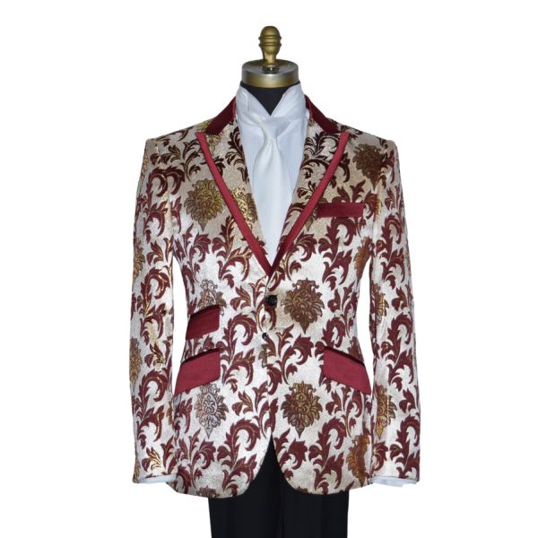 Champagne Tuxedo with Burgundy and Gold Brocade Ensemble