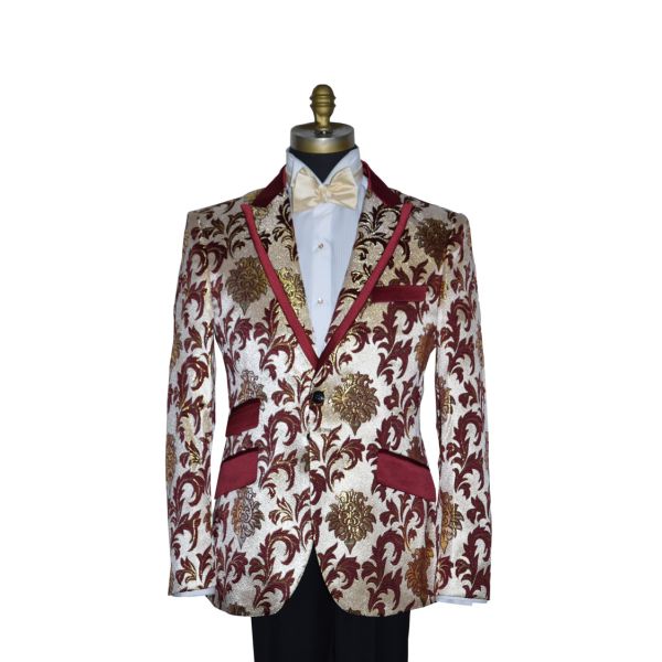 Champagne Tuxedo with Burgundy and Gold Brocade Ensemble
