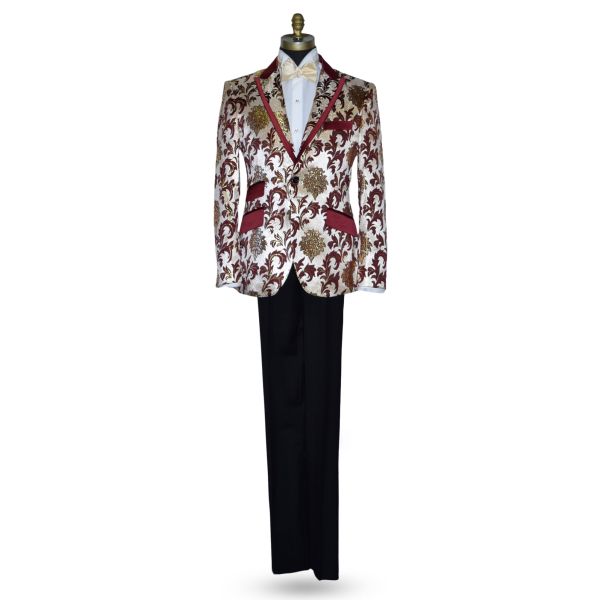 Champagne Tuxedo with Burgundy and Gold Brocade Ensemble