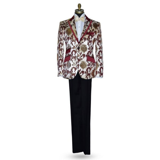 Champagne Tuxedo with Burgundy and Gold Brocade Ensemble