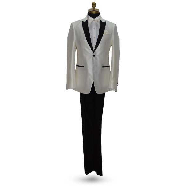 Winter White Pique Tuxedo with Black Peak Lapel Tuxedo