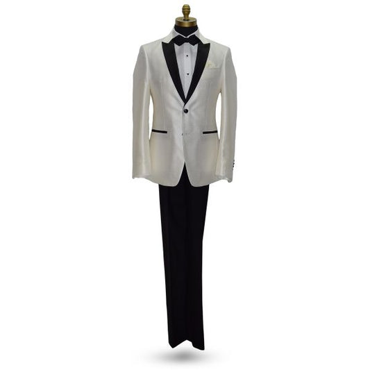 Winter White Pique Tuxedo with Black Peak Lapel Tuxedo