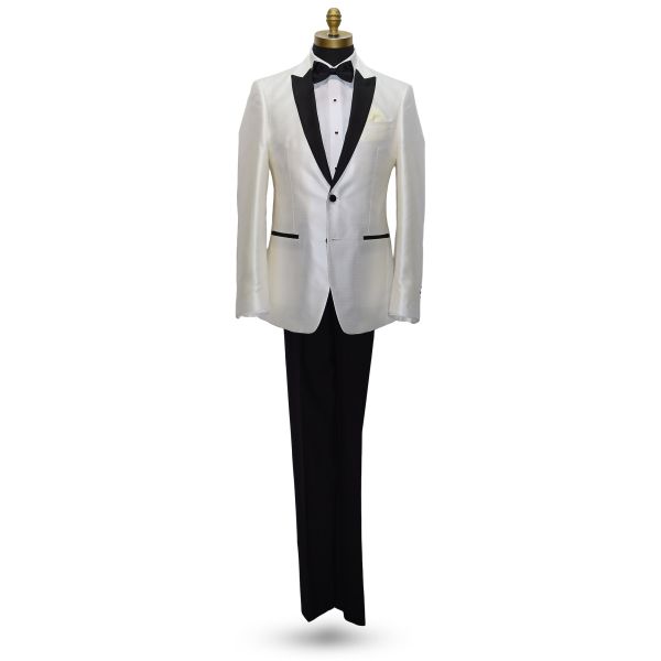 Winter White Pique Tuxedo with Black Peak Lapel Tuxedo