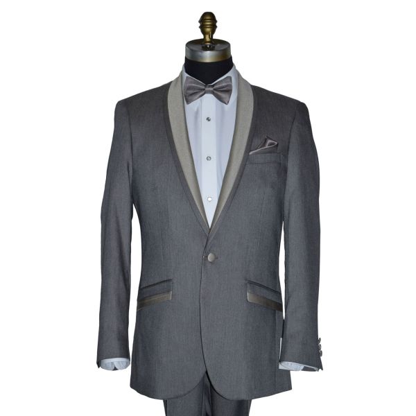 mannequin wearing a gray tuxedo with a stone colored pre-tied bowtie against a white background