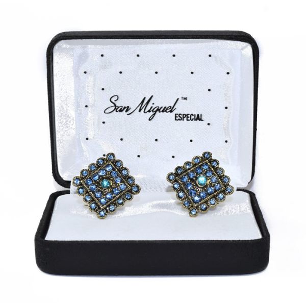 Sapphire Blue Crystal Cufflinks with Arctic Blue Center, Antique Gold Finish