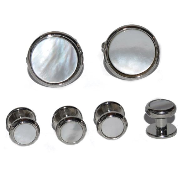 MOTHER OF PEARL CUFFLINKS AND STUDS - SILVER FINISH
