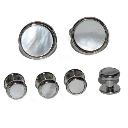 MOTHER OF PEARL CUFFLINKS AND STUDS - SILVER FINISH