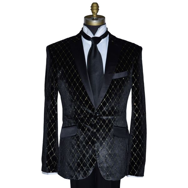 Black with Gold Diamond Velvet Tuxedo Ensemble