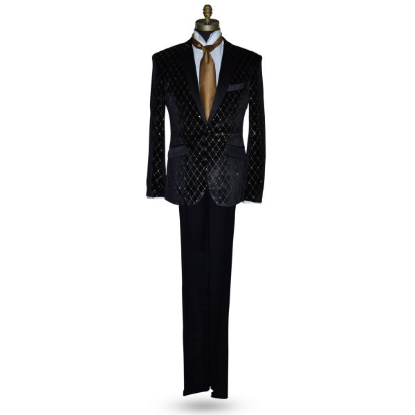 Black with Gold Diamond Velvet Tuxedo Ensemble