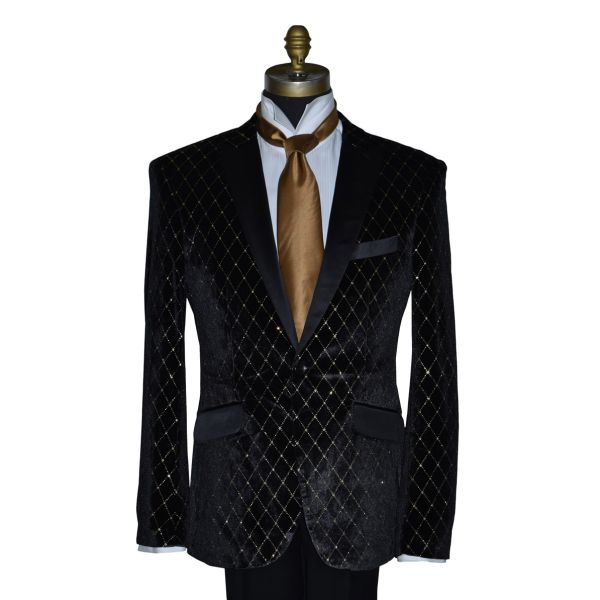 Black with Gold Diamond Velvet Tuxedo Ensemble