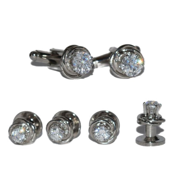 CZ CUFFLINKS AND STUDS SET IN SILVER FINISH