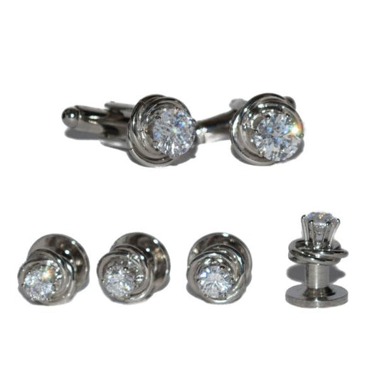 CZ CUFFLINKS AND STUDS SET IN SILVER FINISH