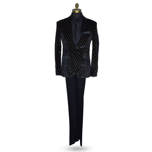 Black with Gold Diamond Velvet Tuxedo Ensemble