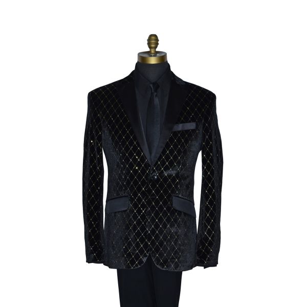Black with Gold Diamond Velvet Tuxedo Ensemble