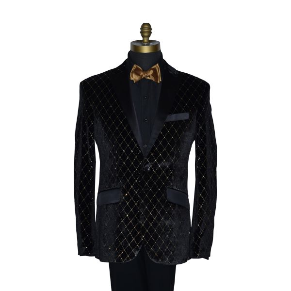 Black with Gold Diamond Velvet Tuxedo Ensemble