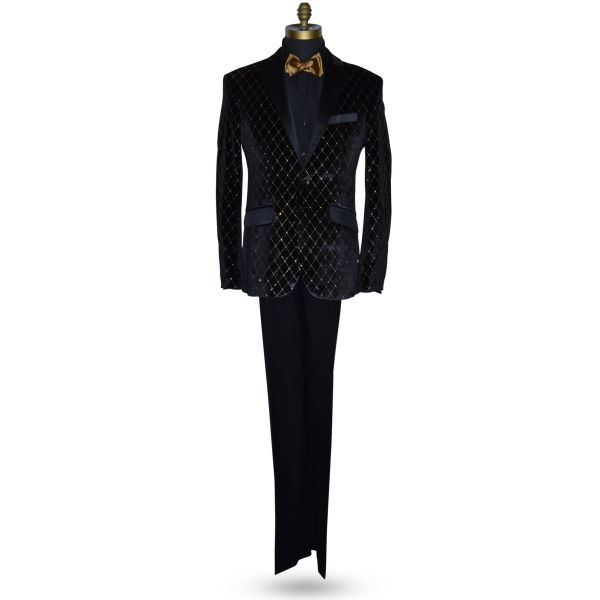 Black with Gold Diamond Velvet Tuxedo Ensemble