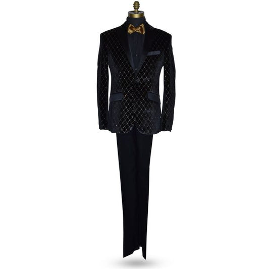 Black with Gold Diamond Velvet Tuxedo Ensemble
