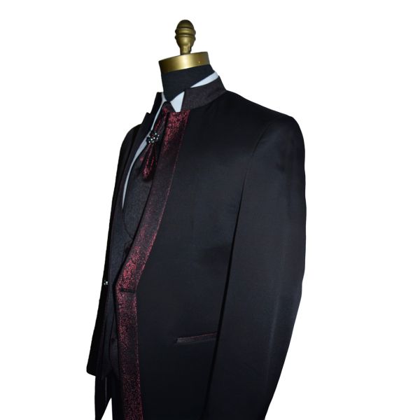 Nehru Tuxedo Ensemble with Scarlet Red Accents-4 Piece