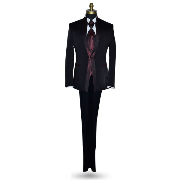 Nehru Tuxedo Ensemble with Scarlet Red Accents-4 Piece
