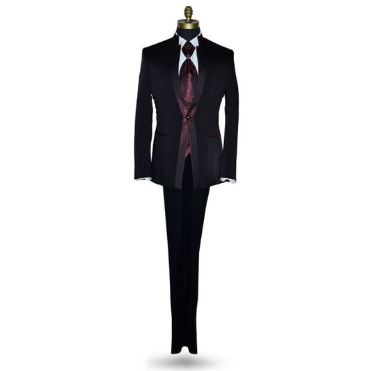 Nehru Tuxedo Ensemble with Scarlet Red Accents-4 Piece