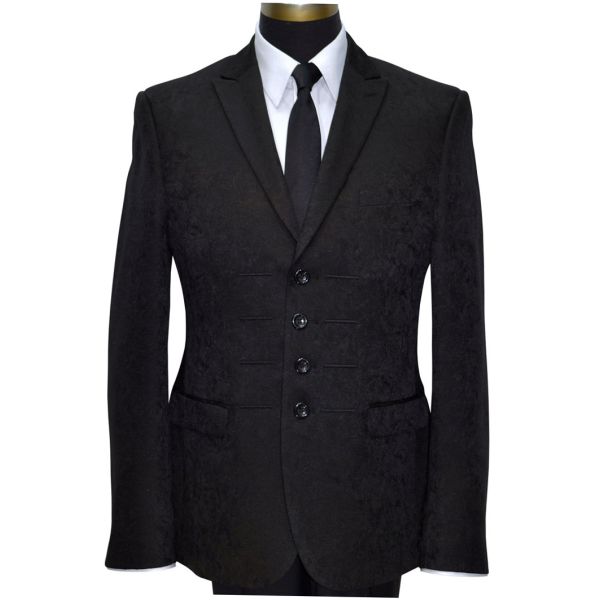 BLACK BROCADE TUXEDO 4 BUTTON PEAK LAPEL ENSEMBLE