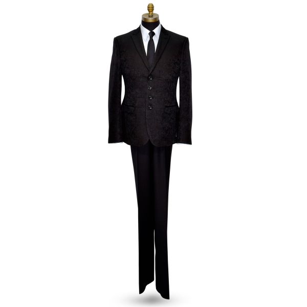 BLACK BROCADE TUXEDO 4 BUTTON PEAK LAPEL ENSEMBLE