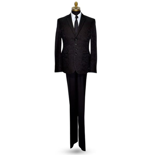 BLACK BROCADE TUXEDO 4 BUTTON PEAK LAPEL ENSEMBLE