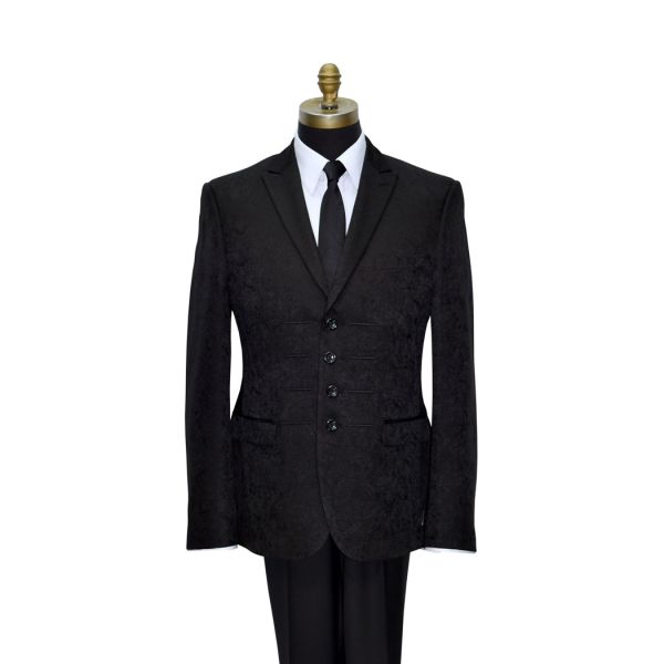 BLACK BROCADE TUXEDO 4 BUTTON PEAK LAPEL ENSEMBLE