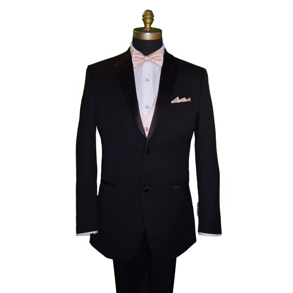 Black tuxedo with "pre-tied" petal color bow tie, petal color vest and pocket square on a mannequin against a white background