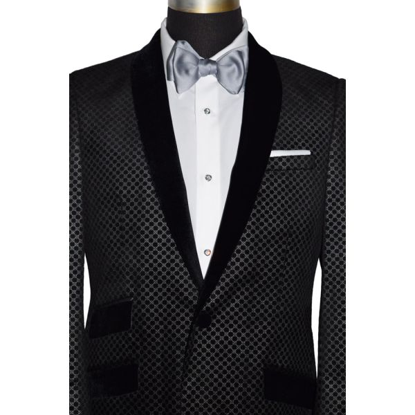 Black Velvet with Silver Geometric Design Shawl Collar Dinner Jacket/Tuxedo- Ensemble