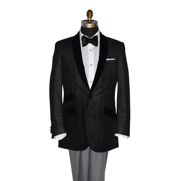 Black Velvet with Silver Geometric Design Shawl Collar Dinner Jacket/Tuxedo- Ensemble