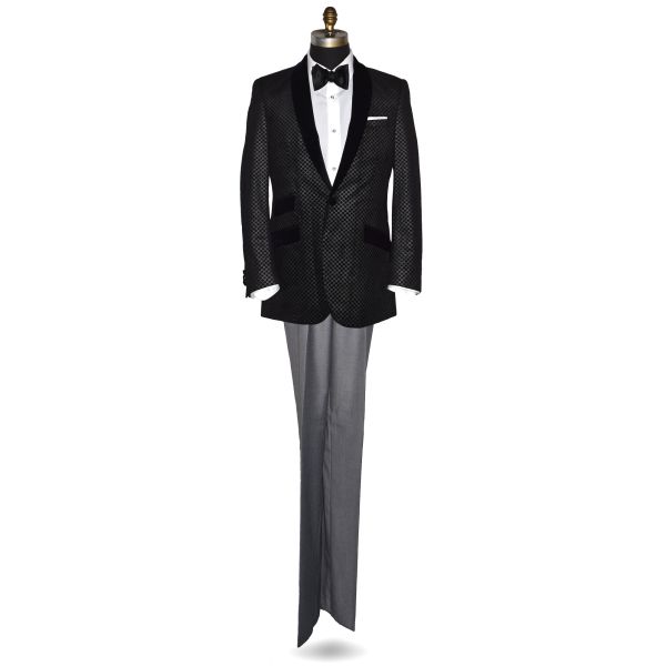 Black Velvet with Silver Geometric Design Shawl Collar Dinner Jacket/Tuxedo- Ensemble