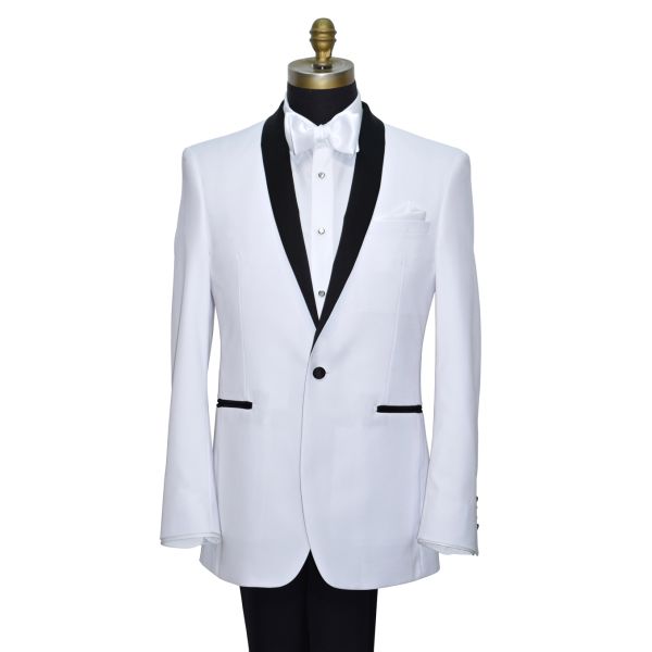 WHITE TUXEDO WITH BLACK SHAWL COLLAR