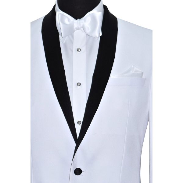 WHITE TUXEDO WITH BLACK SHAWL COLLAR