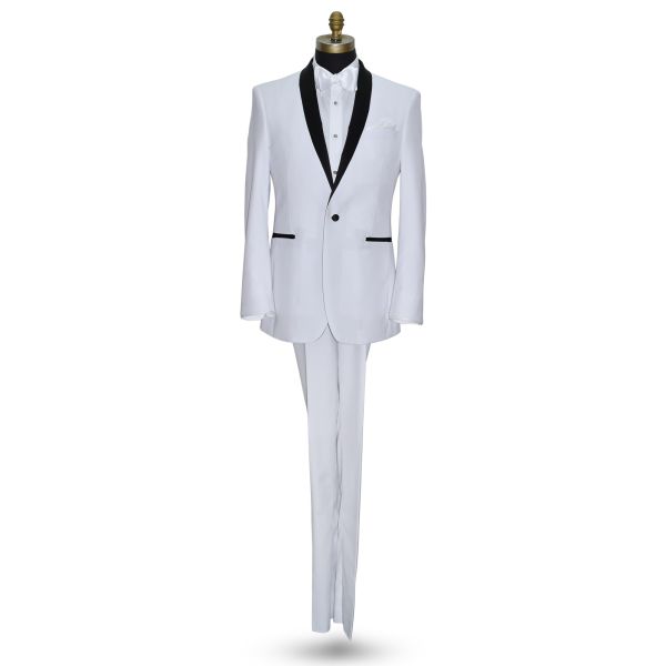 WHITE TUXEDO WITH BLACK SHAWL COLLAR