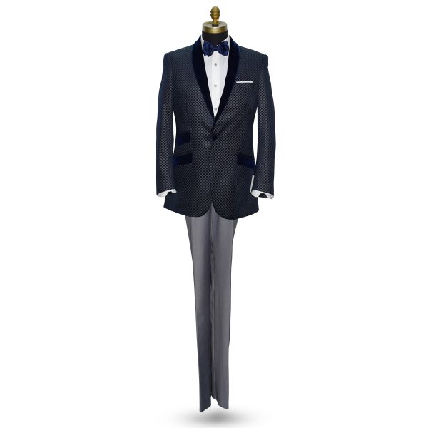 Blue Velvet with Silver Geometric Design Shawl Collar Dinner Jacket/Tuxedo- Ensemble