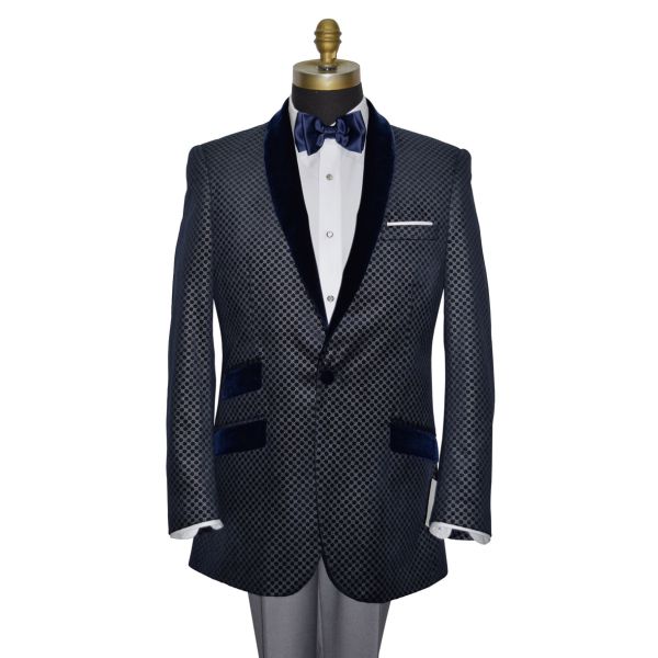Blue Velvet with Silver Geometric Design Shawl Collar Dinner Jacket/Tuxedo- Ensemble