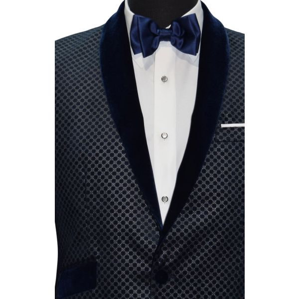 Blue Velvet with Silver Geometric Design Shawl Collar Dinner Jacket/Tuxedo- Ensemble