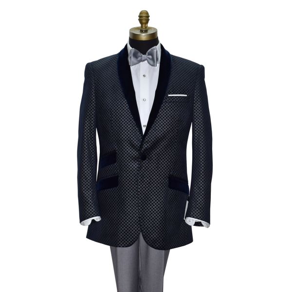 Blue Velvet with Silver Geometric Design Shawl Collar Dinner Jacket/Tuxedo- Ensemble
