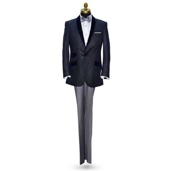 Blue Velvet with Silver Geometric Design Shawl Collar Dinner Jacket/Tuxedo- Ensemble