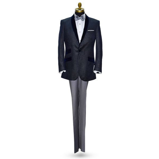 Blue Velvet with Silver Geometric Design Shawl Collar Dinner Jacket/Tuxedo- Ensemble