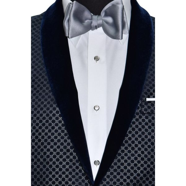 Blue Velvet with Silver Geometric Design Shawl Collar Dinner Jacket/Tuxedo- Ensemble