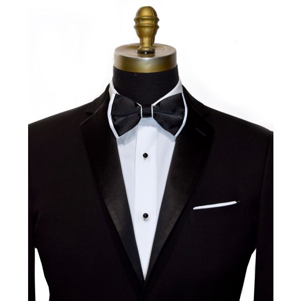 BLACK BOWTIE WITH WHITE TRIM,  PRE-TIED