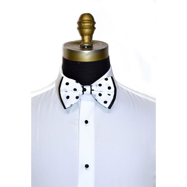 WHITE BOWTIE WITH BLACK POLKA DOT,  PRE-TIED