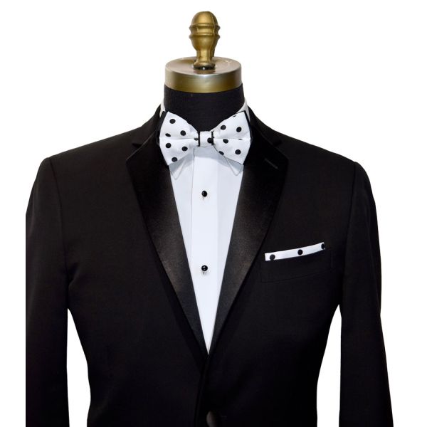 WHITE BOWTIE WITH BLACK POLKA DOT,  PRE-TIED